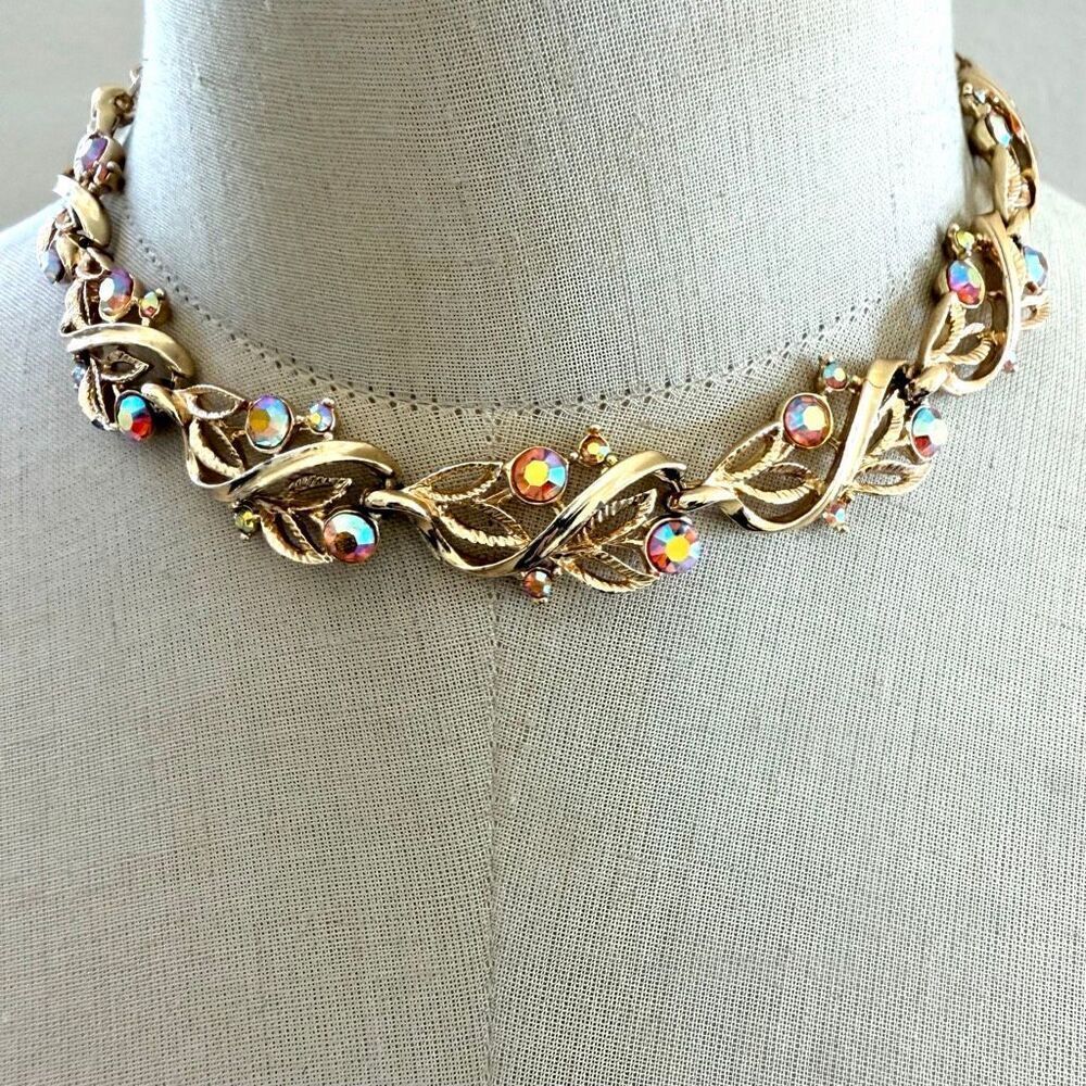 Vintage Gold Tone Leaf & Vine  choker Necklace with Aurora Borealis Rhinestones